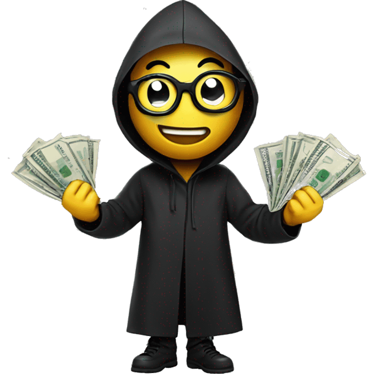 Smiley face in black glasses with money in his hands in a black raincoat emoji