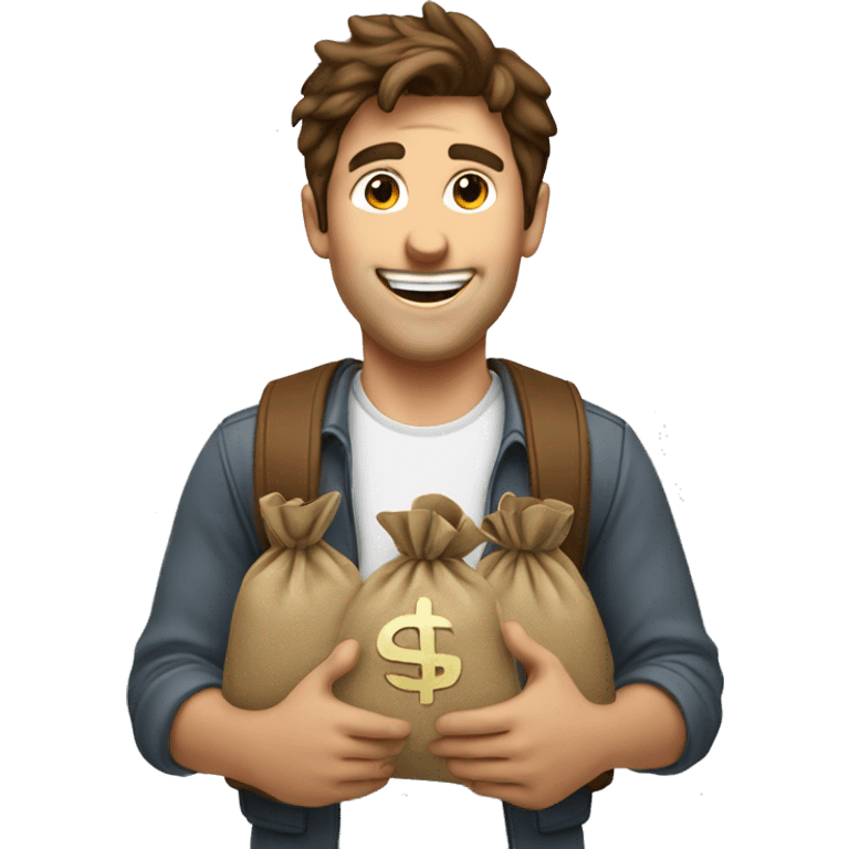 a happy guy with brown hair showing 2 money bags  emoji