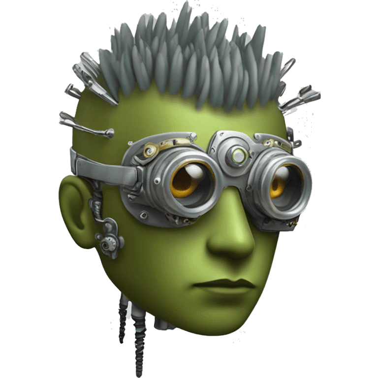 Olive green mohawk cyborg head with silver steampunk goggles, goatee and circuits emoji