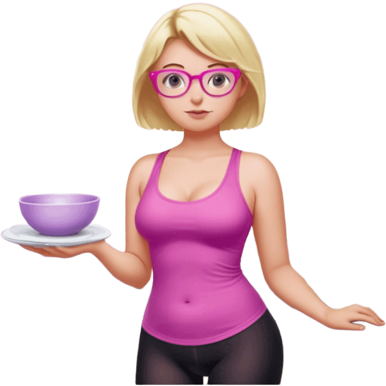 Curvy fair and freckled skinned woman, short blond hair, small light purple reading glasses, washing dishes, short flowing sheer hot pink tank top, without undergarments SFW, black yoga pants, thick booty emoji