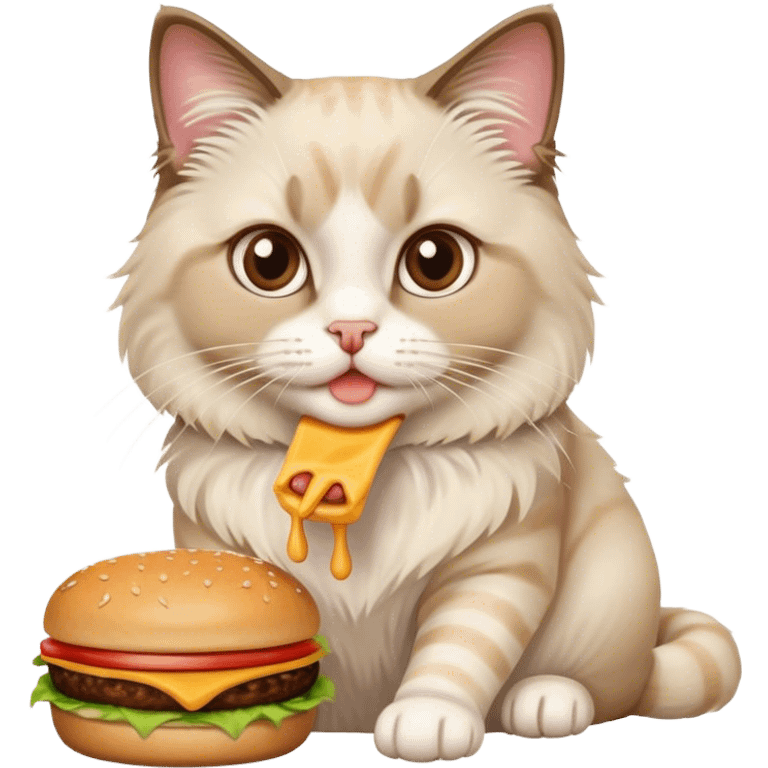 Cute Ragdoll cat eating a burger and fries  emoji