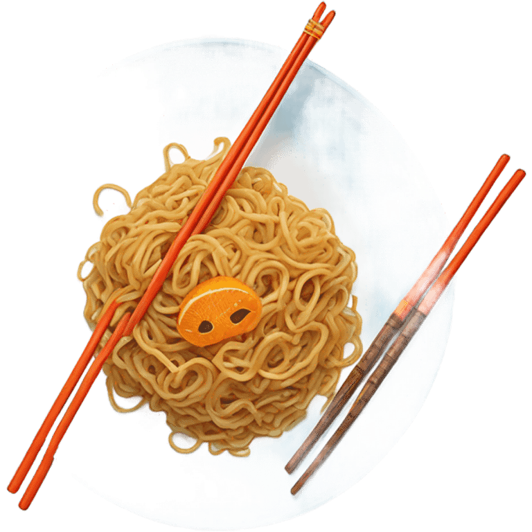 Chinese fried noodle in white and blue plate with orange spoon and chopsticks emoji