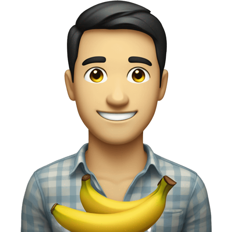 Handsome young man smiling face emoji. Closed eyes, slightly blushing cheeks. Short black hair. Big smile. Wearing a yellow shirt with a smiling banana pattern. Playful expression with a slight touch of defiance emoji