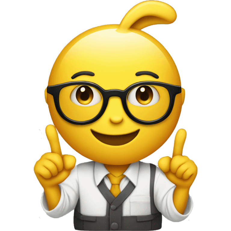 create a nerd smiley emoji yellow circle who has glasses bunny fangs and he has a extra hand with a finger up  emoji