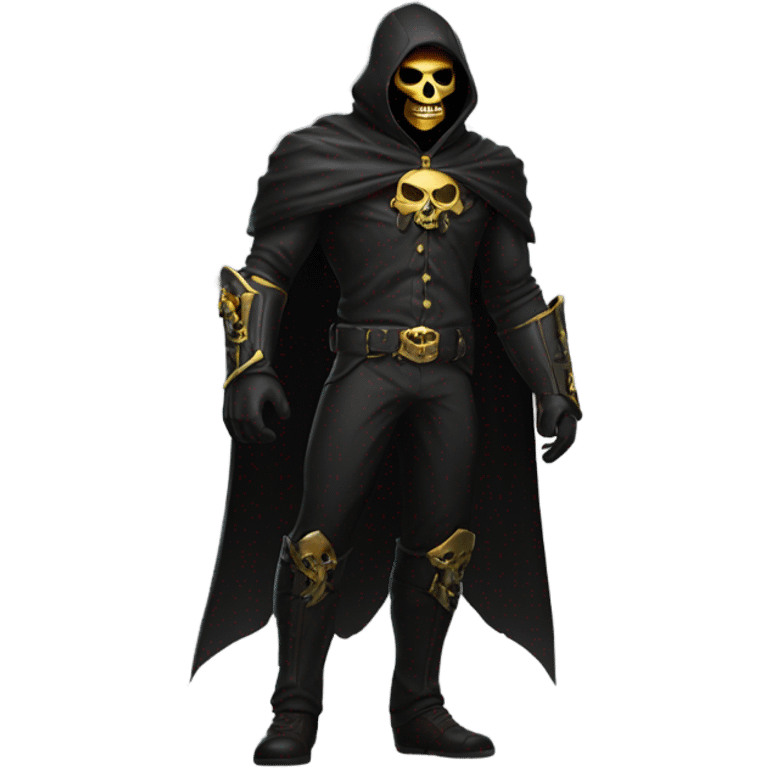 Bounty Hunter Boss with black cape and a gold skull mask from death Stranding, full body view emoji