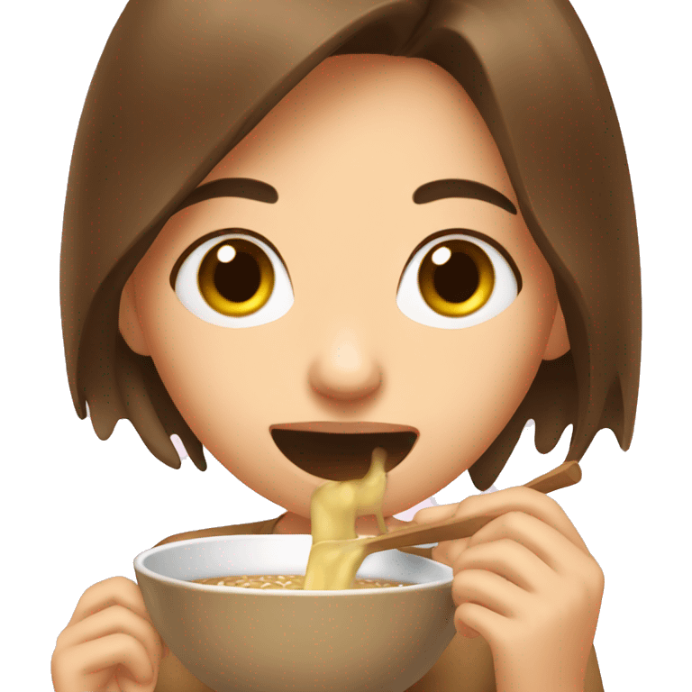 Girl with brown hair eats broth emoji