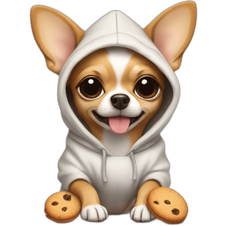 Chihuahua wearing a hoodie and eating a cookie emoji