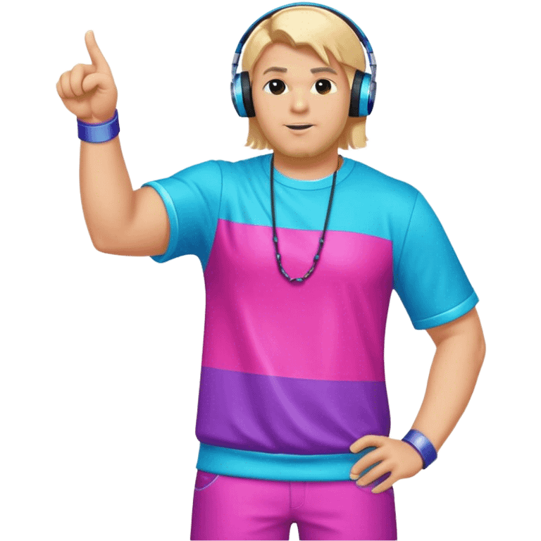 blond big man in colorful dj outfit pointing sideways emoji