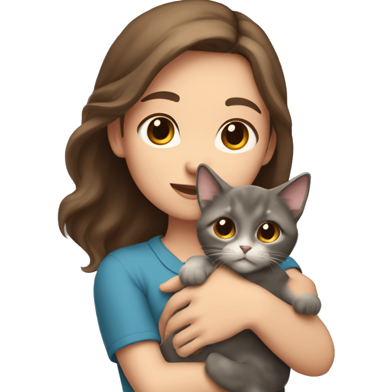 A girl with medium-length brown hair is holding a gray lop-eared cat in her arms emoji