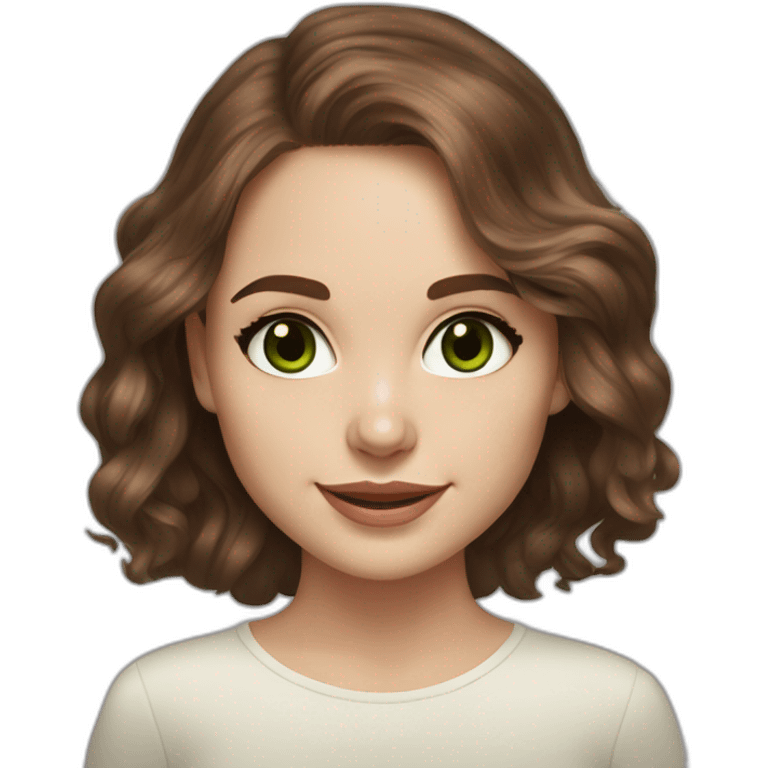 beautiful girl, white, with long loose wavy hair, brown hair, brown green eyes, looks like natalie portman, smiles at the camera,realistic drawing emoji