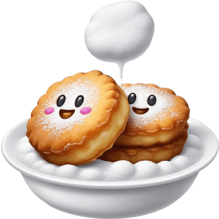 Buñuelo Cinematic Realistic Buñuelo Dessert Emoji, depicted as perfectly round, fluffy fritters served in a small bowl with a dusting of powdered sugar, rendered with vibrant textures and warm, inviting lighting. emoji