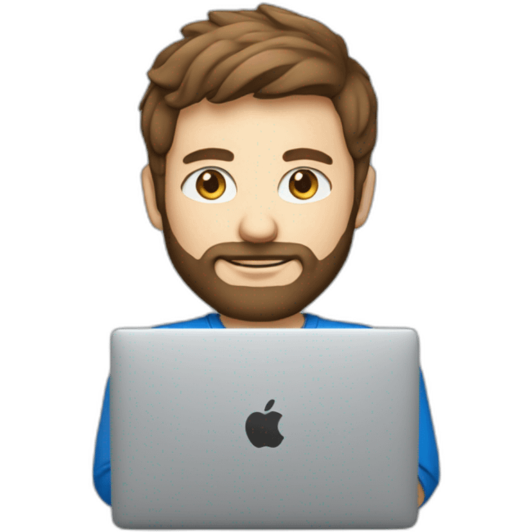 man with brown hair and blue eyes, a fine beard, wearing a f1-shirt working with a macbook emoji