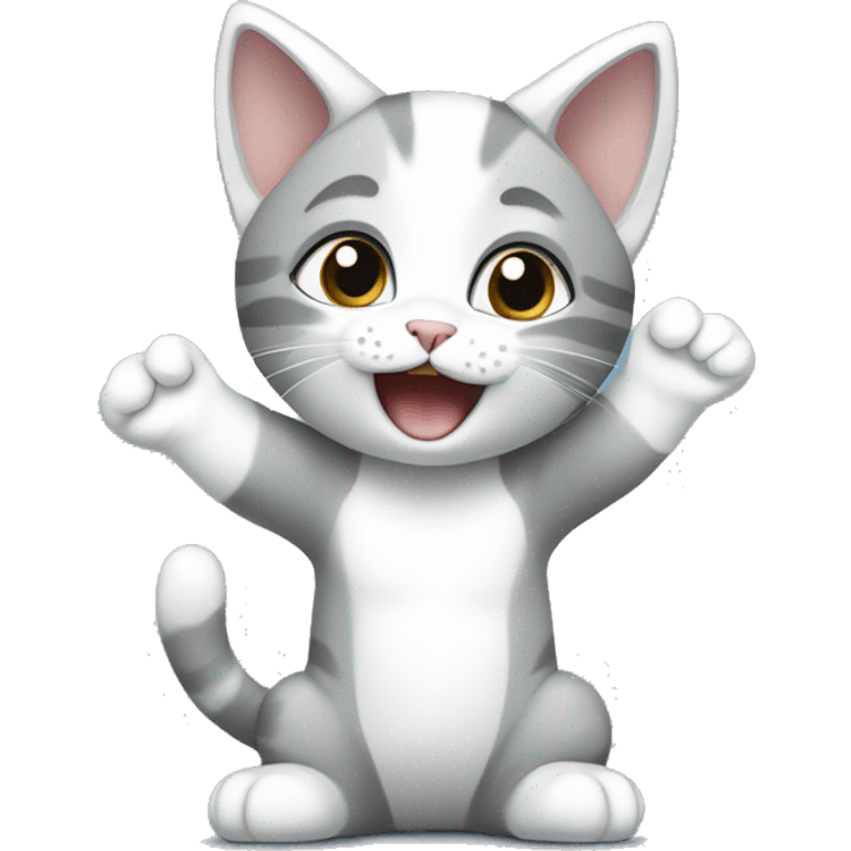 Gray and white kitten with arms up  emoji