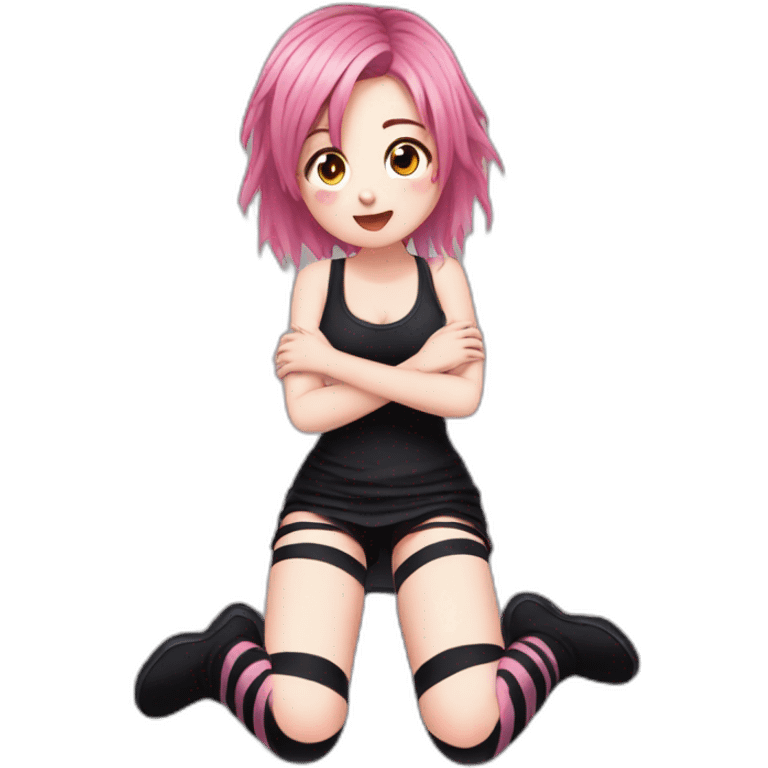 Front view curvy emo girl pink hair sits on the floor straight view hands up black skirt striped torn stockings emoji