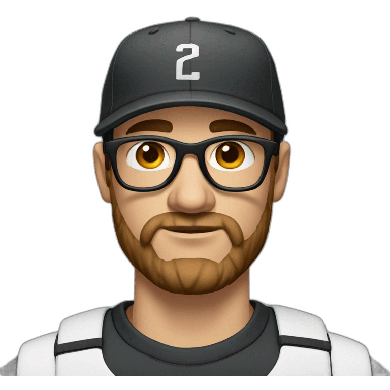 White man with brown hair and a brown beard, has thick eyebrows is wearing black sight glasses. Big nose. Half closed brown eyes. Wearing a Nike cap. Serious expression emoji