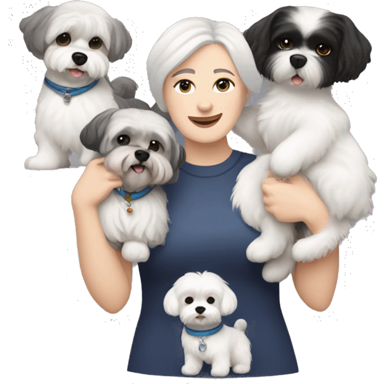 Caucasian women with short grey hair holding two dogs one black shih tzu and one white bichon frise emoji