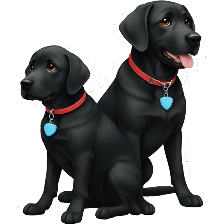 2 black labradors. one on the left black, smaller size. The dog on left black with a light blue collar. dog on right with red collar. emoji