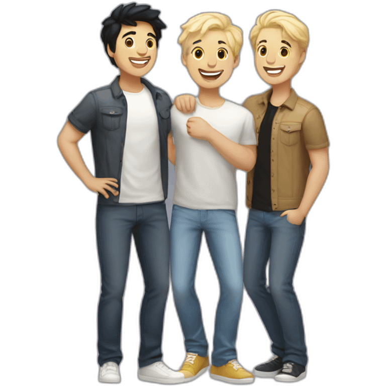 Gay male couple, 1 Latino black hair the other one Australian blonde hair with a cat in the middle laughing full body emoji