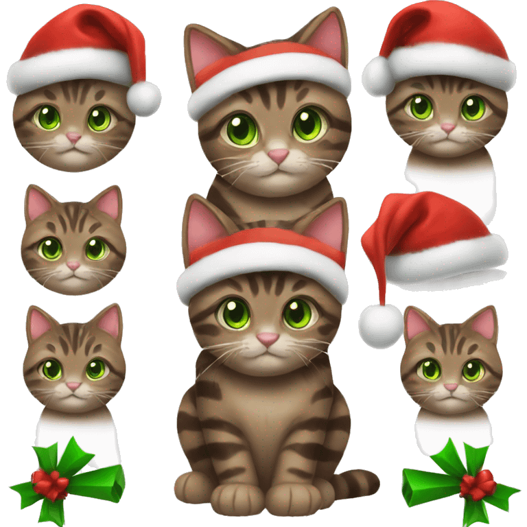 Dark brown tabby cat with green eyes wearing red Christmas hat emoji