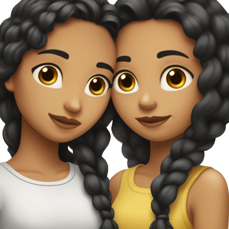 two girl best friends hugging; both black hair long, one curled one straight hair, one paler than the other, both white brown eyes emoji