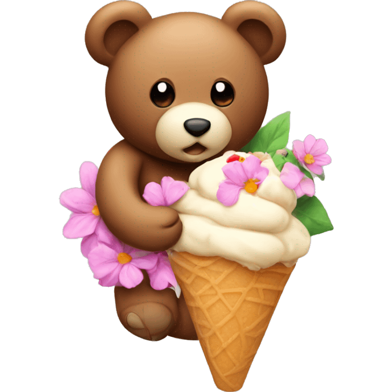 teddy bear eating an ice cream on top of a flower emoji