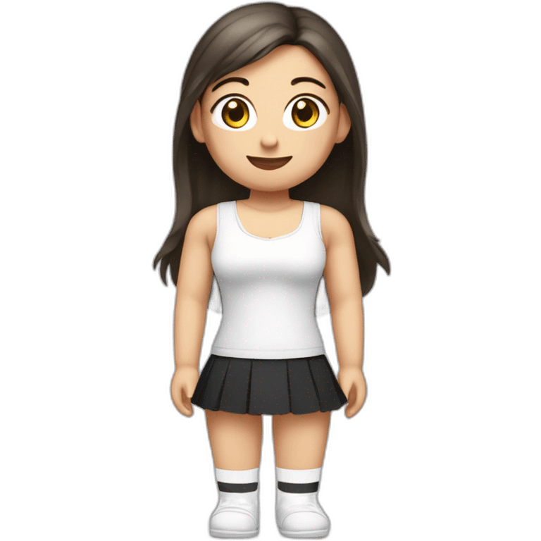 Front view full body curvy caucasian beauty sitting straight hands up black skirt white knickers white socks emoji