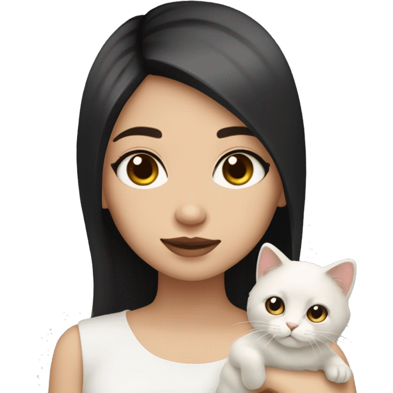 Emoji girl, light skin, black straight hair, brown eyes, beautiful, holding white fluffy cat emoji