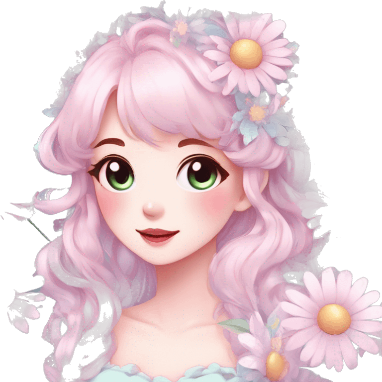 Gorgeous pastel anime style lady with blushing face and daisies cottagecore fairycore pastelcore shiny colorful pearly aesthetic trending style emoji