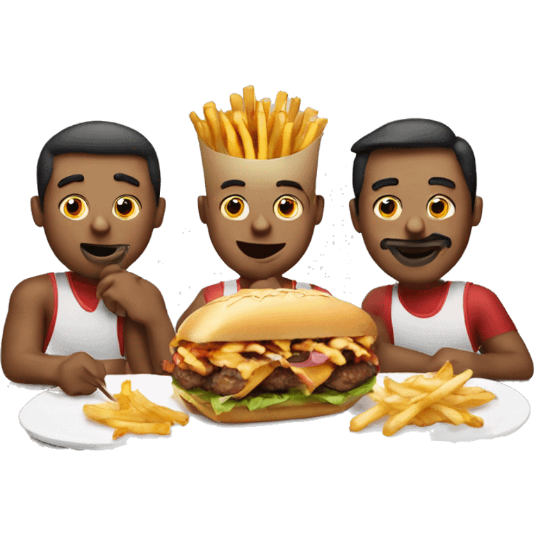 three men enjoyig kebab with fries emoji