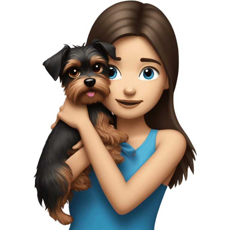 Realistic brunette girl with bright blue eyes hugging Yorkshire terrier  emoji