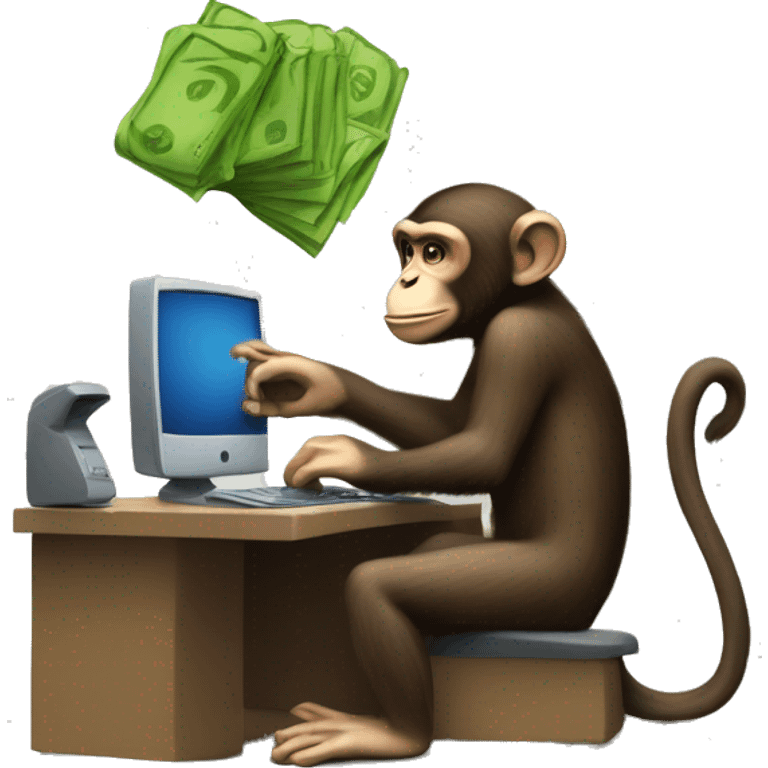 A monkey at a computer. There's a lot of money next to it. emoji