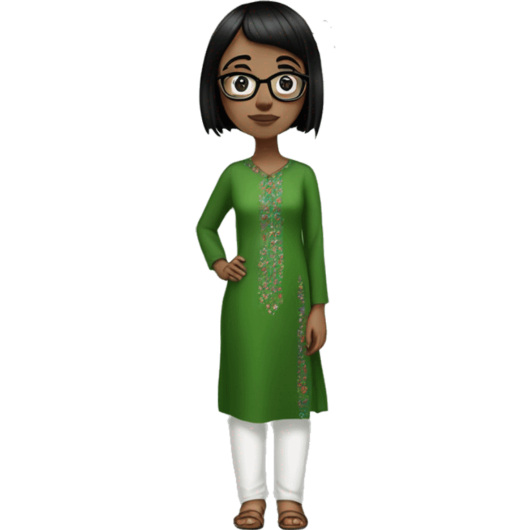 White girl in a green kurta with flower design, glasses, alot of piercing, gay, red lips, nose ring, full body, short straight black edgar hair, black straight hair, front bangs emoji