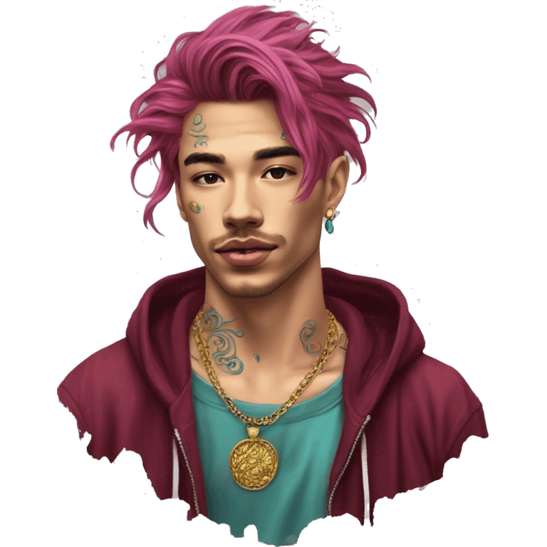 Vintage grunge patina intricate swirls gold jewellery baroque golden sparkle tropical Deep pink maroon burgundy cyan dark hoodie man dyed hair gold piercings nose piercing ear piercings emoji