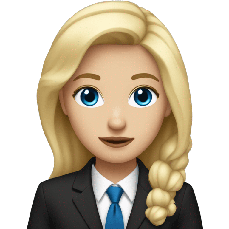 blonde girl with blue eyes in a full black suit emoji