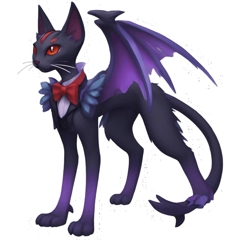  Cool kawaii edgy black purple red ethereal fantasy beautiful elegant nargacuga-Noivern-cat-Fakemon collar harness bow tie and bracers full body emoji