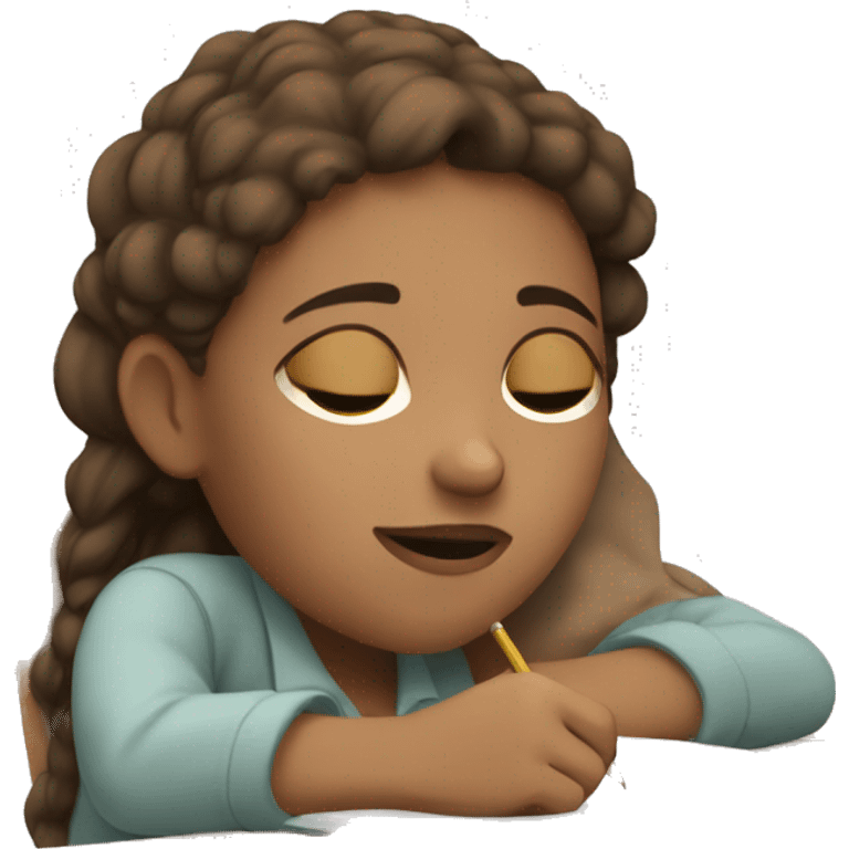 girl with fair skin, brown eyes, brown hair sleeping on homework emoji