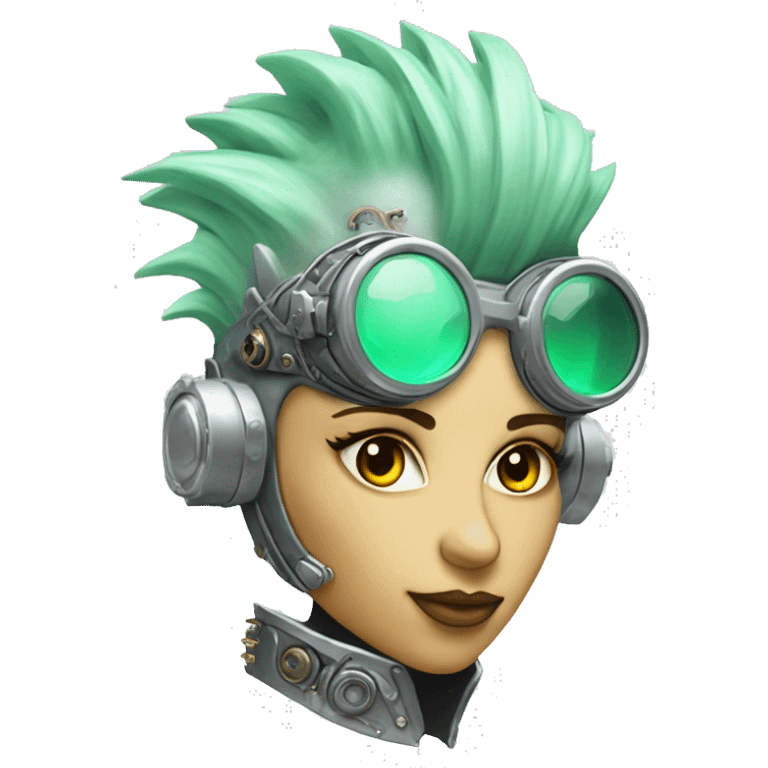 Pastel green Mohawk female cyborg head with silver steampunk goggles emoji