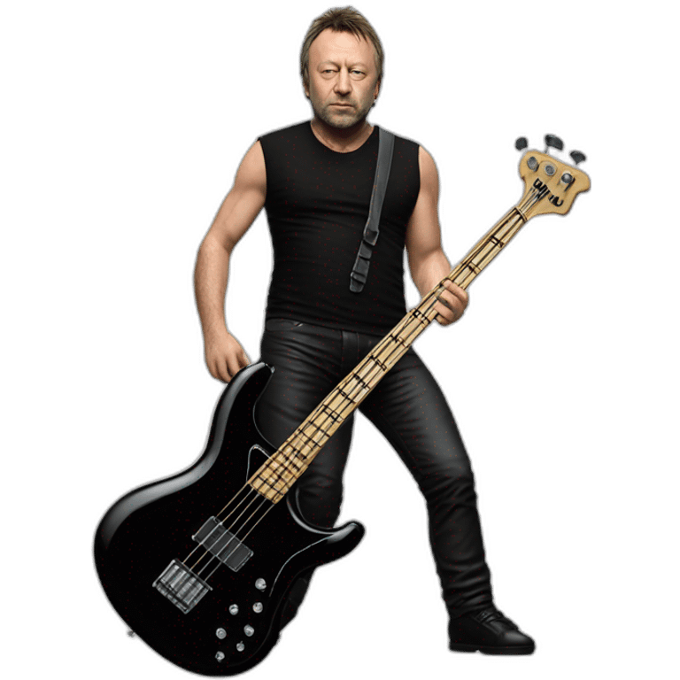 photo realistic Peter Hook, in 1979, playing a Yamaha black bass guitar, standing, full body, front view emoji