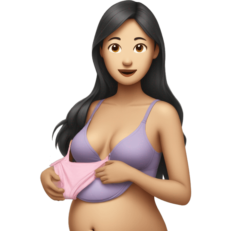 Pregnant Asian woman holds a bra in her hands emoji