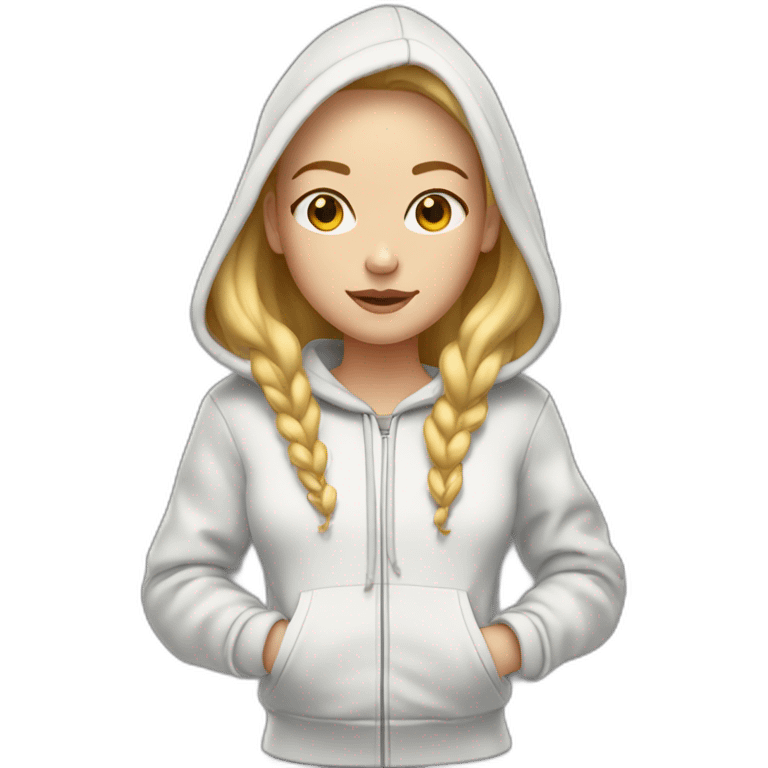 A blonde girl with smooth hair and a ray in the middle, she has light skin a few freckles, and she wear a hoodies  emoji