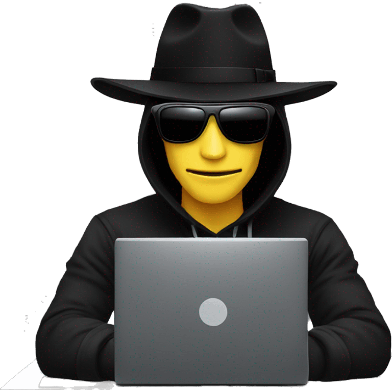 black hat hacker with black sunglasses behind a computer emoji