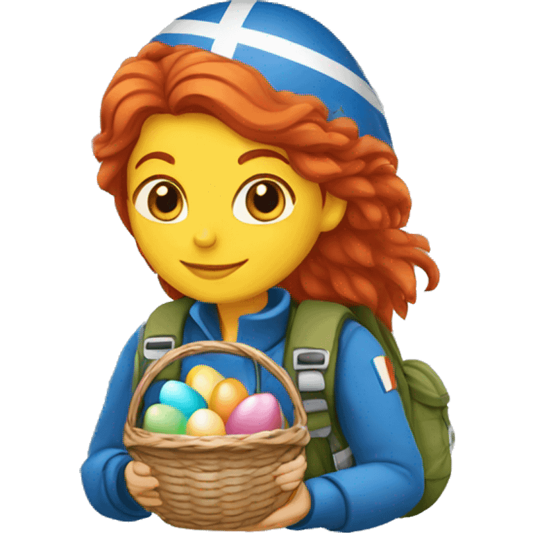 Female mountain climber red hair with Greek flag and holding Easter eggs basket emoji