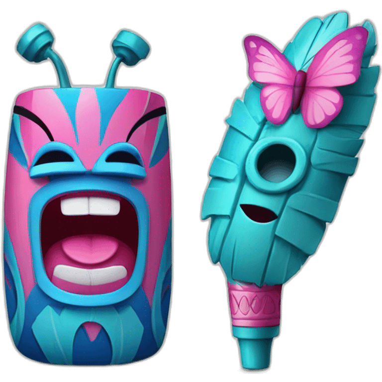 Cartoon Blue and pink tiki singing with butterfly and in the mikrophone emoji