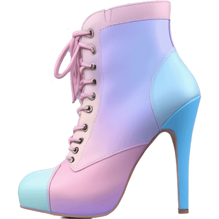 Realistic isolated front top view of a pair of pastel blue ,pastel pink, and pastel purple ombre high heel leather ankle bootie boots.  emoji