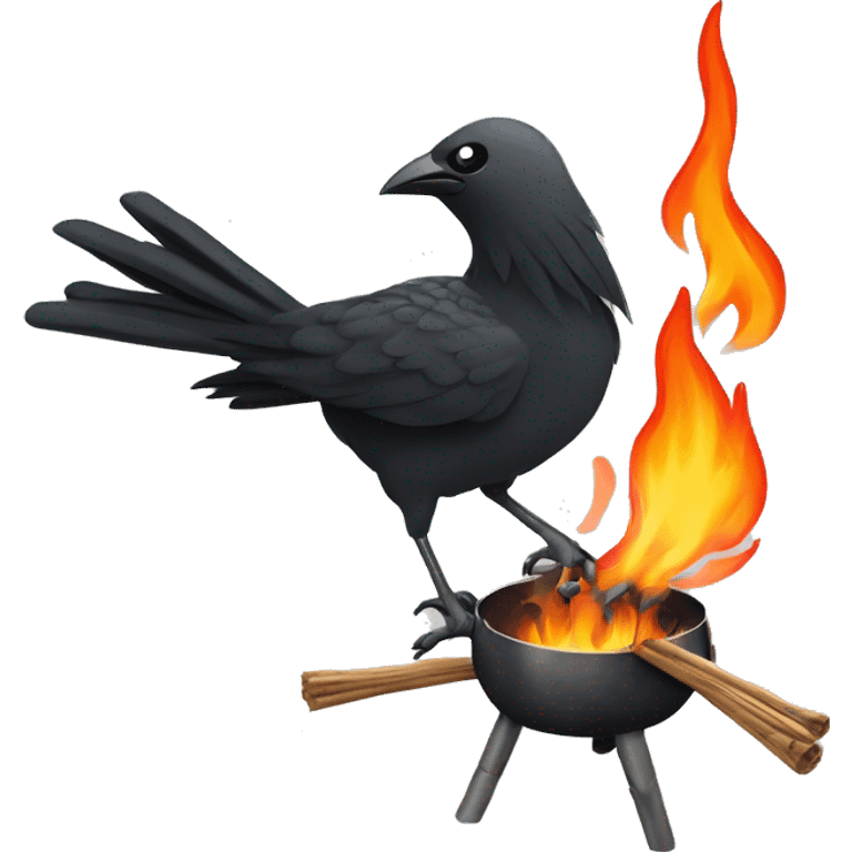 An edgy bird, Rook fletching sticks and putting them in to a burning brazier in a winter storm emoji