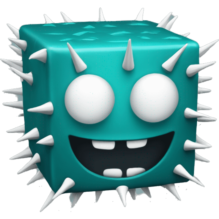 dark cyan cube with white eyes and some teethlike spikes on the bottom emoji