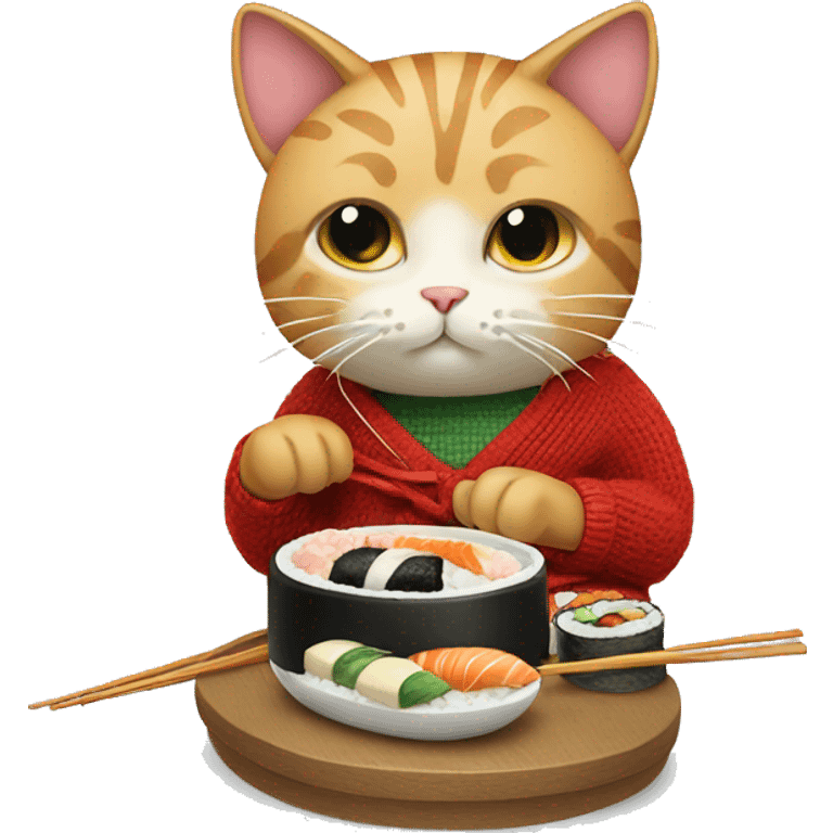 A cat wearing a sweater eating sushi  emoji