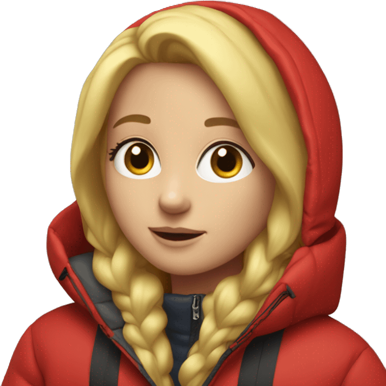 Blonde girl in oversized red hooded puffer jacket  emoji