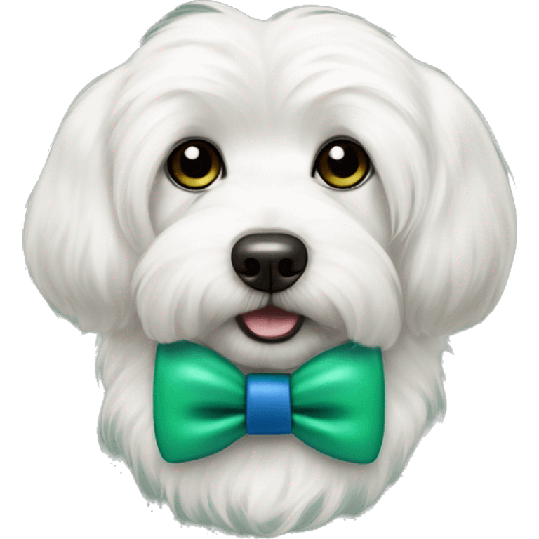 White coton de tulear dog with black ears wearing a green and blue bow tie emoji