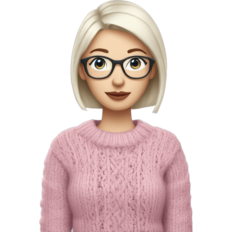 Mom with silvery blonde thin short stick straight hair and light colored glasses wearing a sweater, White ethnicity, pink lips, light blue eyes, pale skin, knitting with a ball of yarn and knitting needles emoji